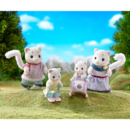 Snow Leopard Family toy figures posing outdoors with two adults and two children