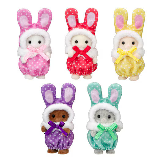 Colorful Bunny Costume Blind Bag featuring five polka dot bunny figures in pink red yellow purple and teal