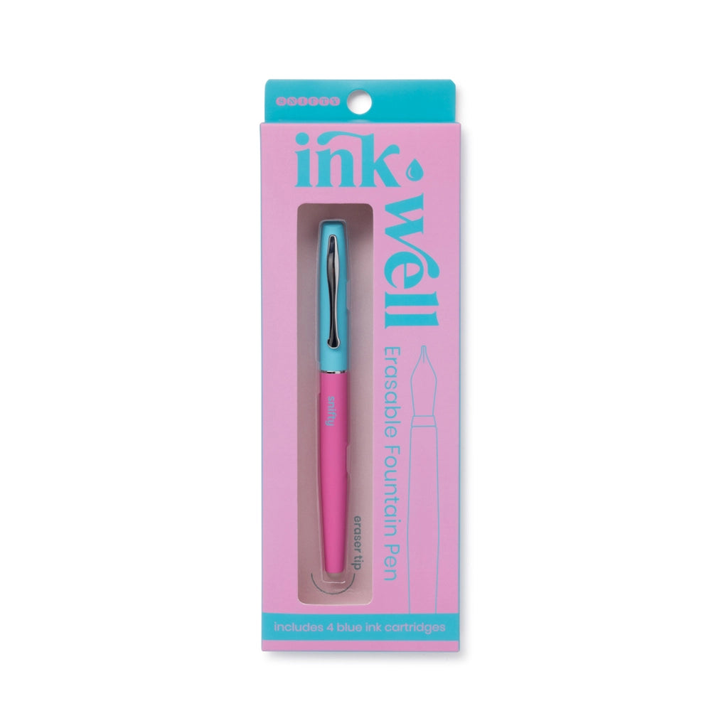 Ink Well Erasable Fountain Pen in pink and teal packaging