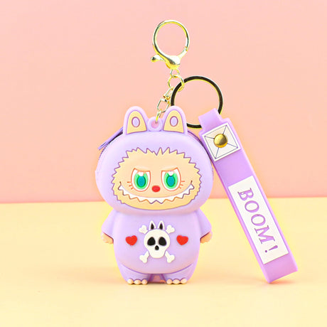 Labubu Coin Purse BOOM! in purple silicone with keychain, compact and playful design for coins and small items.