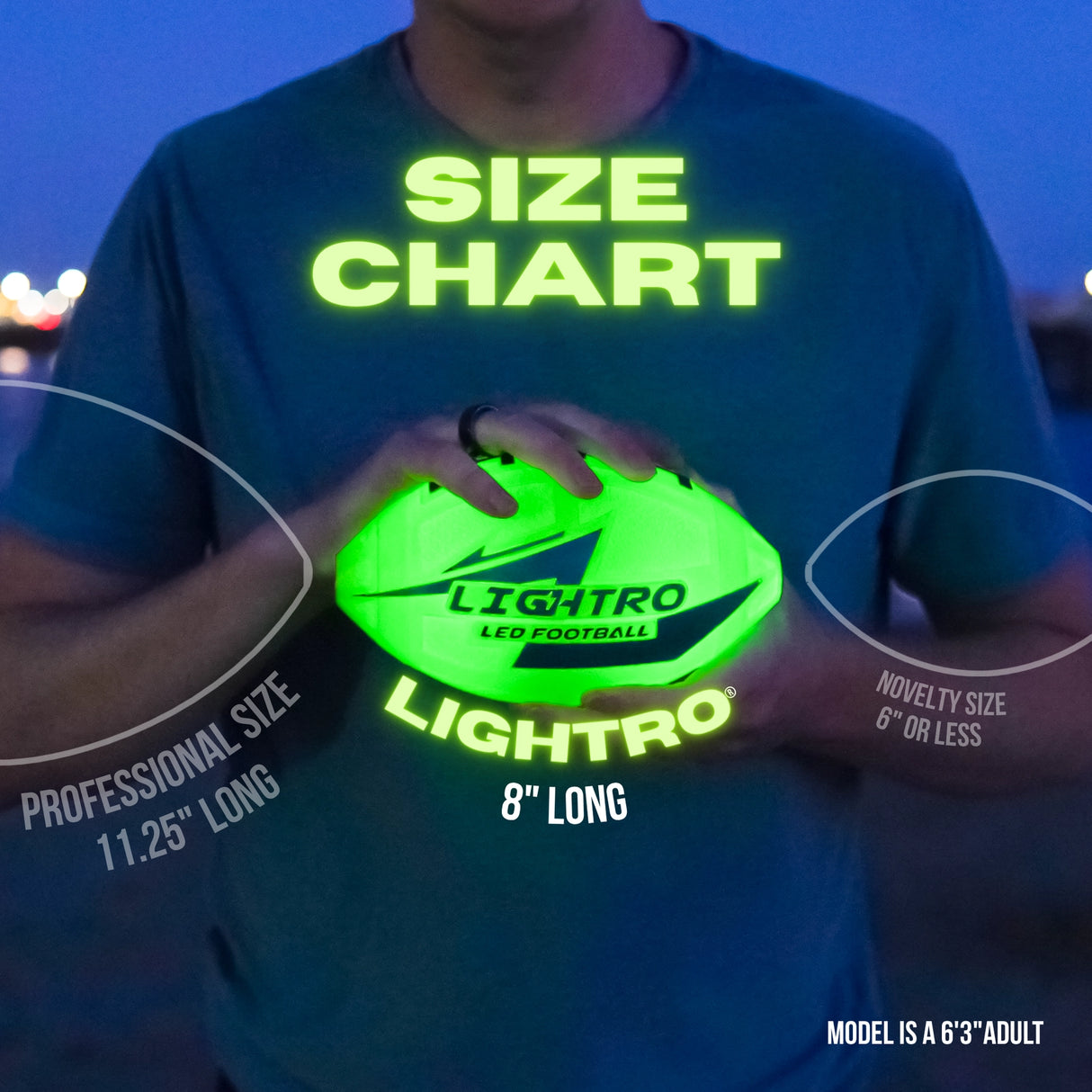 Person holding glowing green Lightro LED football showing size chart with 8 inch youth size highlighted