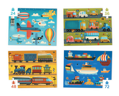 Four Puzzles to Grow On | Vehicles featuring colorful 24 to 72 piece puzzles with planes, trucks, trains, and boats for ages 4+