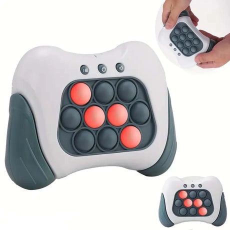 Fast Push Game handheld bubble game with red and black push buttons being pressed by hand