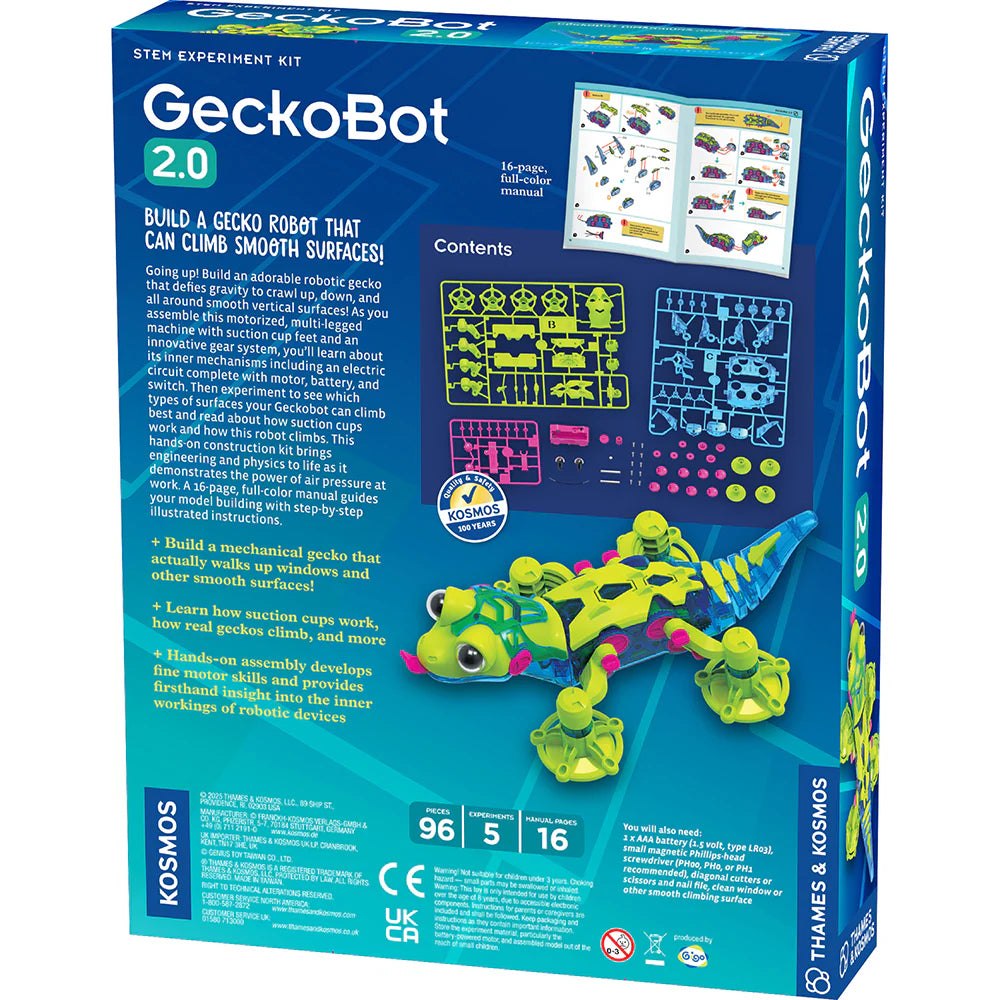 GeckoBot 2.0 STEM kit with colorful parts and instructions to build a motorized gecko robot that climbs smooth vertical surfaces