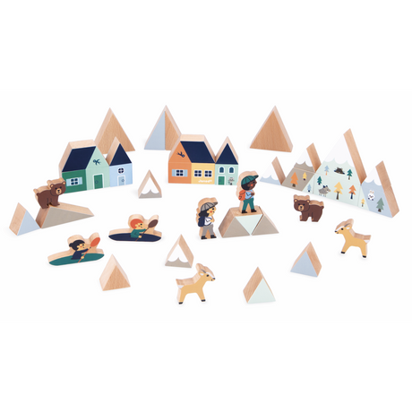 Crossroads White Valley Building Blocks wooden set with village houses, mountains, animals, and figures for kids aged 2 and up.