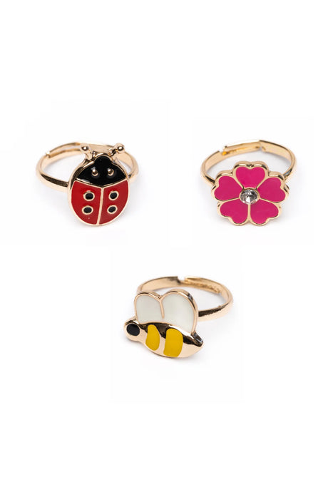Ladybug Garden Ring Set with adjustable ladybug, pink flower, and bumble bee rings celebrating spring.