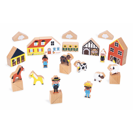 Crossroads Countryside Building Blocks wooden farm set with animals, farmers, and buildings for imaginative play ages 2+
