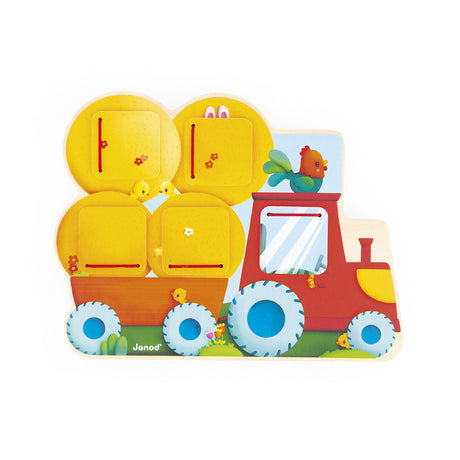 Farm Flip and Find Tractor wooden toy with 5 flaps revealing farm animals like rabbit, chick, and hen for toddlers.