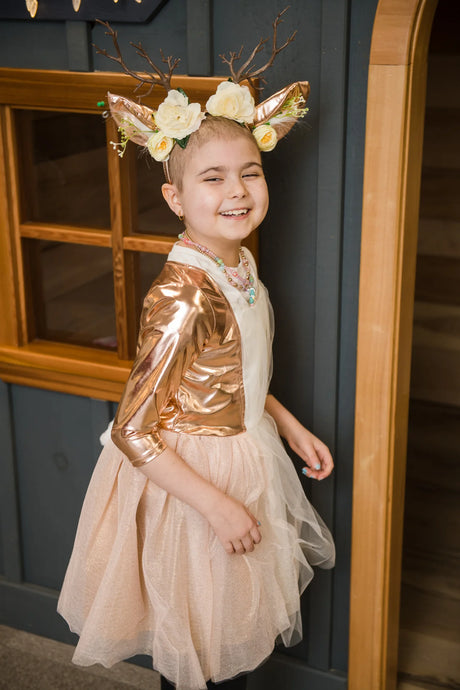Woodland Deer Dress & Headband | Size 5-6 worn by smiling child with floral antler headband and glittery tulle skirt.
