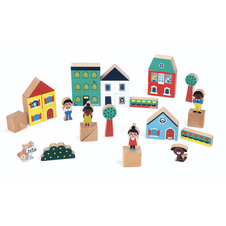 Crossroads City Building Blocks wooden set with colorful houses, trees, characters, and animals for imaginative town play.