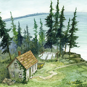 Illustration of a peaceful seaside cabin surrounded by trees and water for the book Sea Dog.