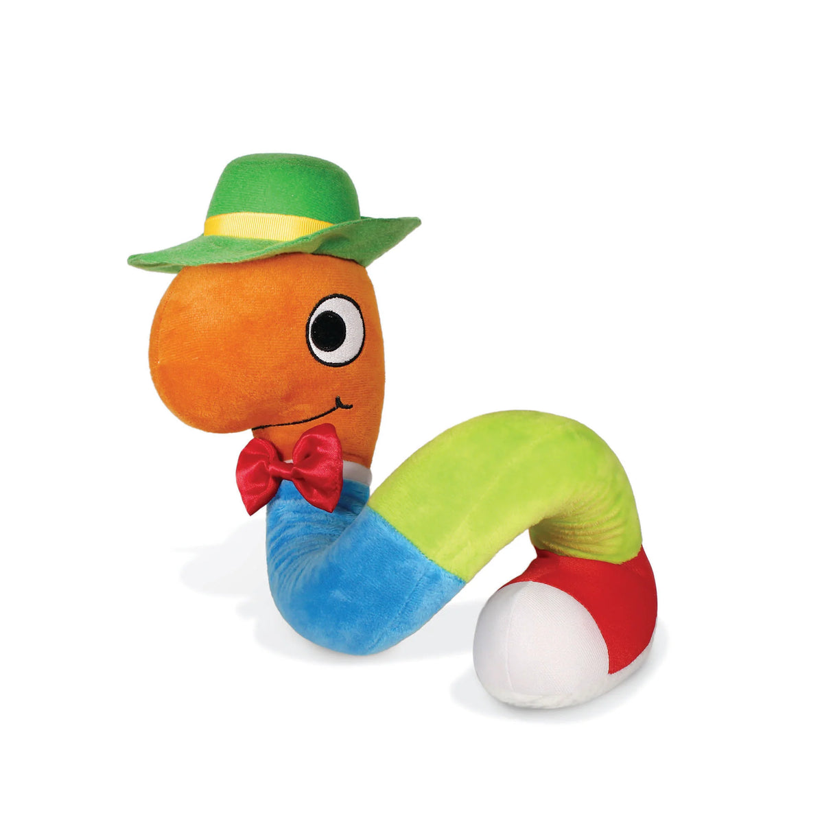 Colorful bendable Lowly Worm soft toy wearing green hat and red bow tie on white background