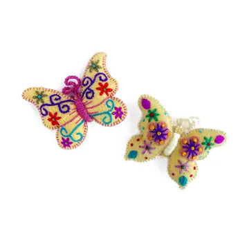 Colorful Butterfly Ornament showing two handmade plush butterflies with vibrant embroidery and felt details.