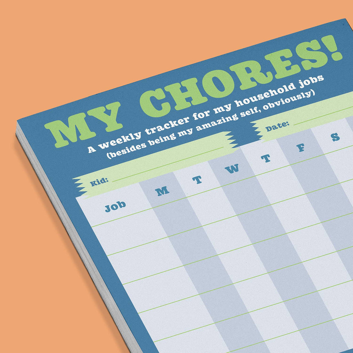 Weekly chore chart for kids with columns for job tracking from Monday to Sunday on a colorful pad