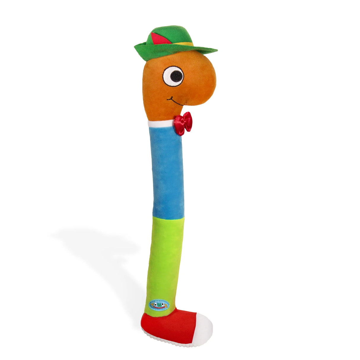 Colorful bendable plush toy of a cheerful worm wearing a green hat and red bow tie standing upright on white background