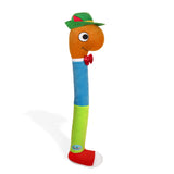 Colorful bendable plush toy of a cheerful worm wearing a green hat and red bow tie standing upright on white background