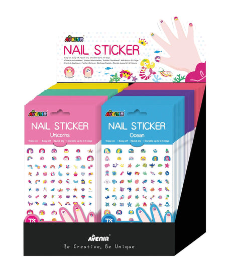 Colorful unicorn and ocean-themed nail stickers displayed in a box for kids’ creative and fun nail art designs.