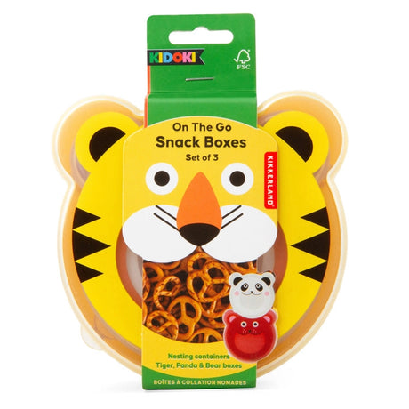 Set of 3 nesting snack containers with clear windows shaped like tiger, panda, and bear faces for easy food sorting
