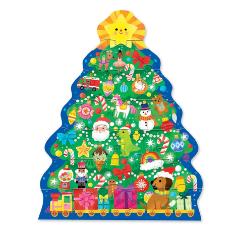 24pc Christmas Tree Puzzle featuring a colorful holiday tree with ornaments gifts animals and Santa