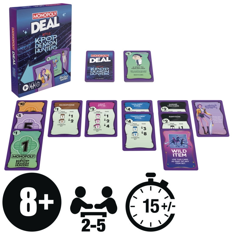Monopoly Deal: Kpop Demon Hunters card game box and colorful cards for 2 to 5 players ages 8 and up