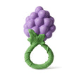 Purple grape shaped natural rubber rattle toy with green handle and leaf details for soothing teething babies.
