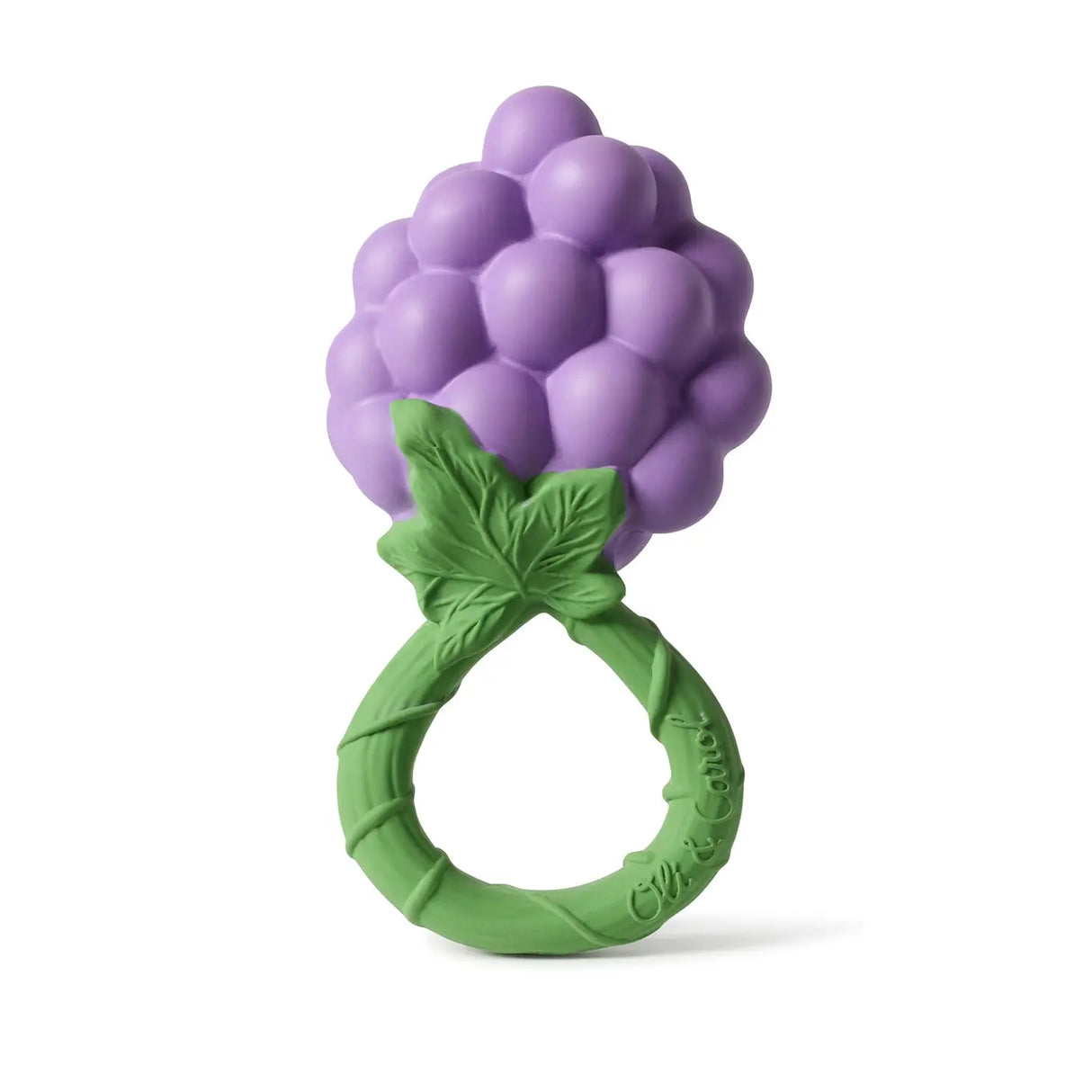 Purple grape shaped natural rubber rattle toy with green handle and leaf details for soothing teething babies.