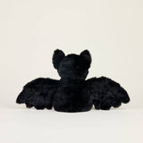 Back view of a soft black plush bat with outstretched wings designed for soothing warmth and comfort.