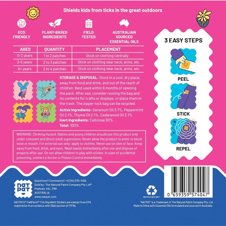 Natpat | Trailpatch Tick Repellent Stickers with natural essential oils for safe, DEET-free tick protection for kids.