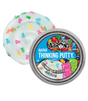 Shimmery white putty with colorful bear-shaped pieces beside a metal tin labeled Mini Thinking Putty Gummy Grizzly
