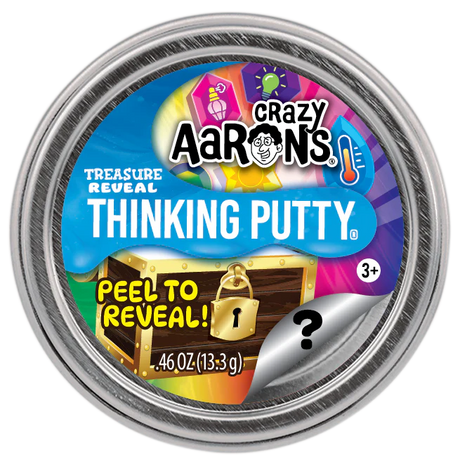 Round container of Crazy Aaron’s Treasure Reveal Thinking Putty with colorful label showing a locked treasure chest and peel-to-reveal feature