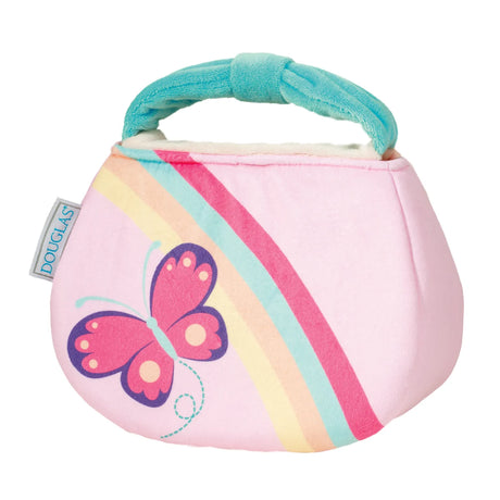My First Purse soft toddler handbag with pink butterfly and rainbow design, plush handle for small hands.
