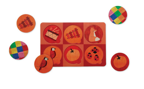 Early Years Bingo color matching game with illustrated red game board and circular game pieces for ages 3+ children.
