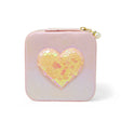 Sparkling Sequin Heart Jewelry Box in pink with a shimmering heart design and pearl zipper charm