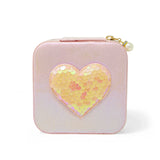 Sparkling Sequin Heart Jewelry Box in pink with a shimmering heart design and pearl zipper charm