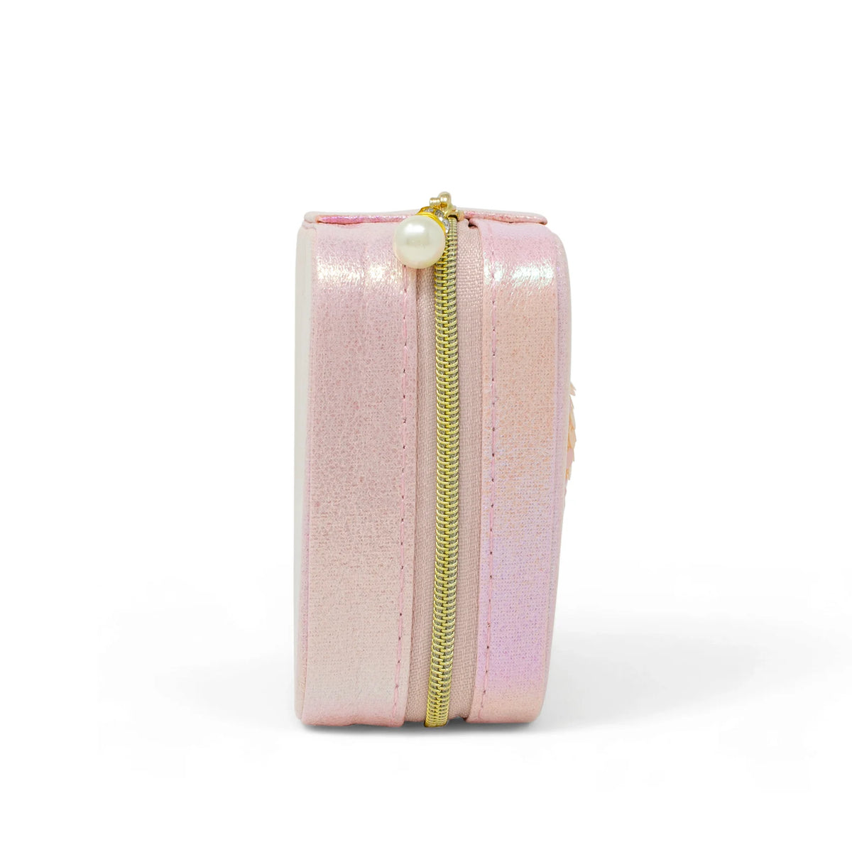 Sparkling Sequin Heart Jewelry Box in pink with a gold zipper and pearl accent