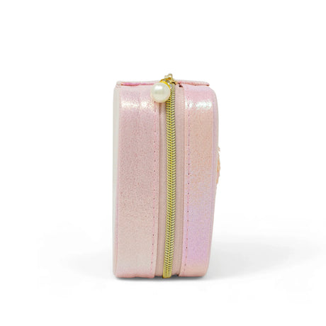 Sparkling Sequin Heart Jewelry Box in pink with a gold zipper and pearl accent