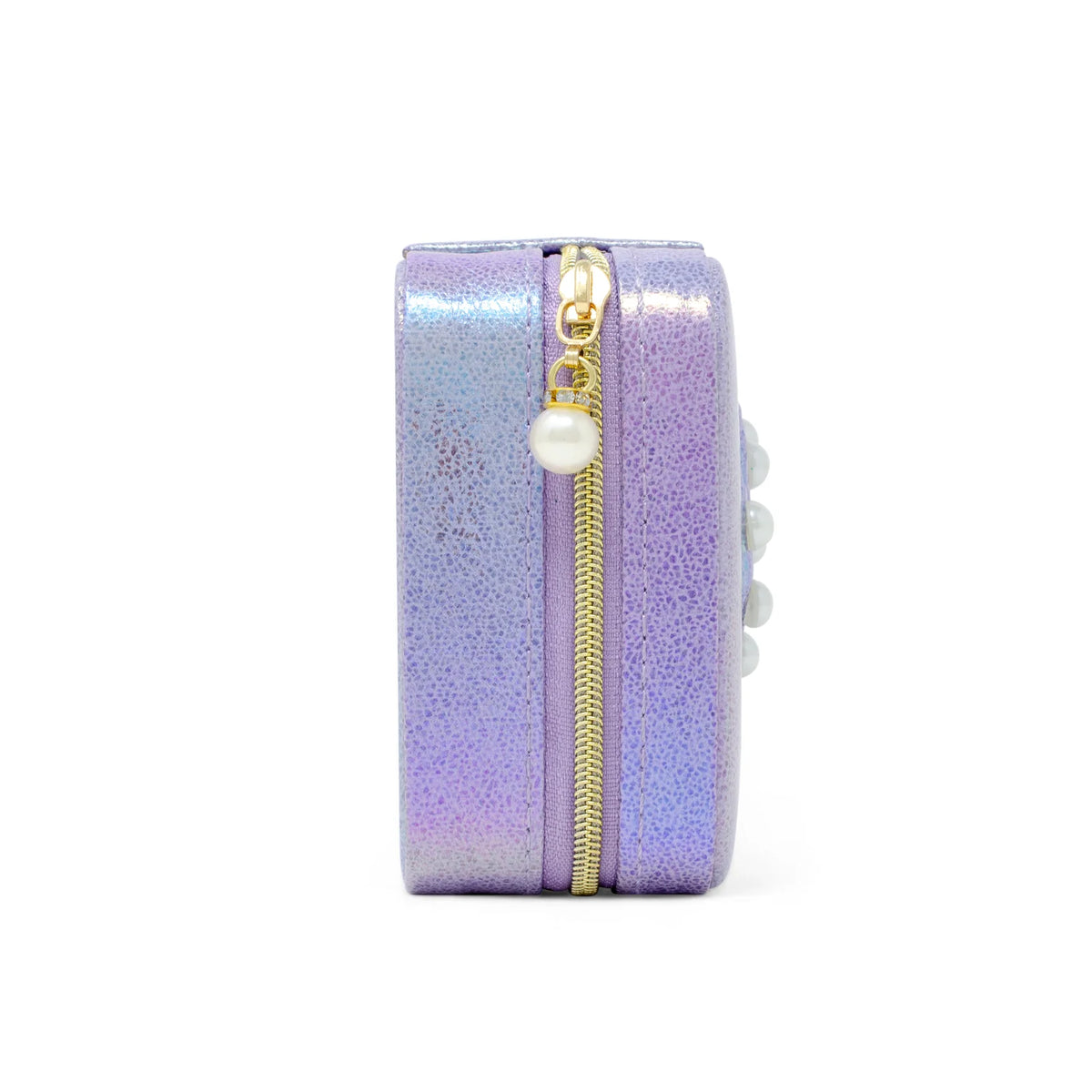 Mermaid Seashell Pearl Jewelry Box in lavender with gold zipper and pearl charm