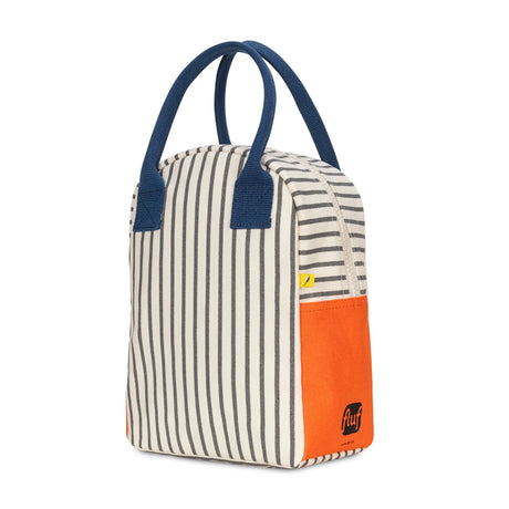 Nautical striped lunch bag with navy handles, orange side pocket, roomy interior, and durable organic cotton fabric.