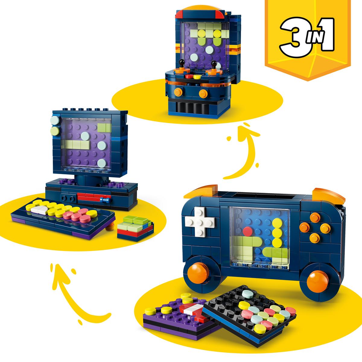 Creator Retro Gaming Console three in one buildable toy shown in multiple gaming configurations