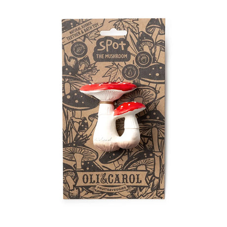 Natural rubber baby teether shaped like a red and white mushroom for safe sensory and teething play.