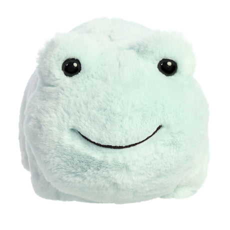 Soft and fluffy minty green Spudster Frog Friesia plush with sweet eyes and a cheery smile, perfect for cuddling.