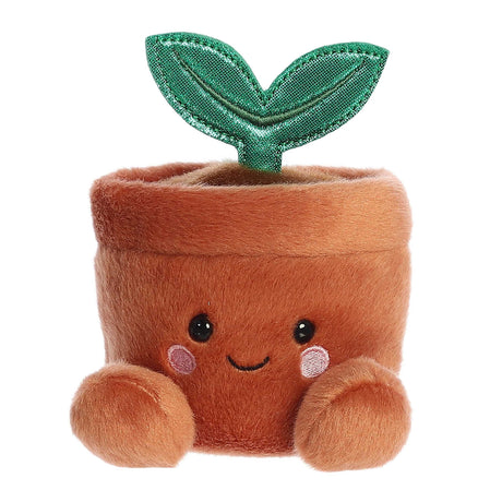 Palm Pals Potted Plant Terra plush toy with green sprout and smiling face, soft and cuddly 5-inch gift.