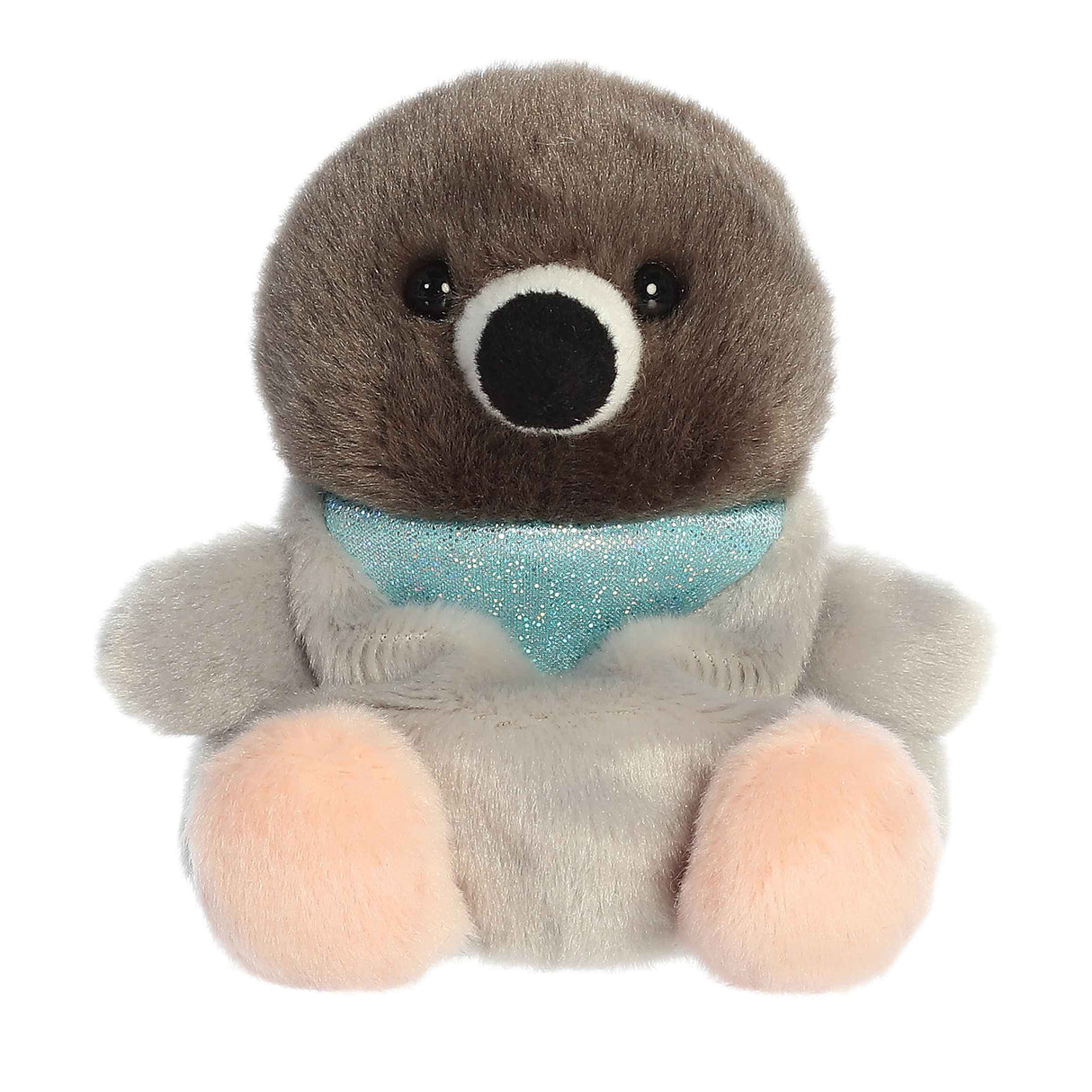 Plush pigeon toy with soft gray body, fluffy brown head, black eyes, and sparkly blue scarf accessory