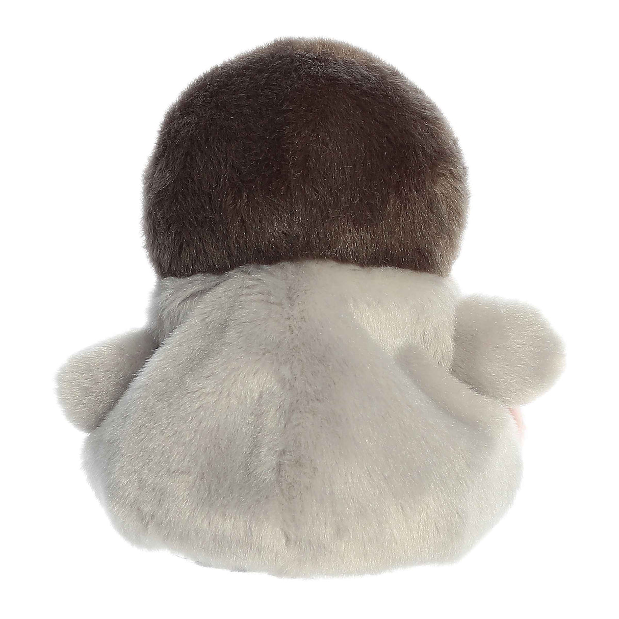 Soft plush Palm Pals Pigeon Crumbs toy with gray body and dark brown head shown from the back view