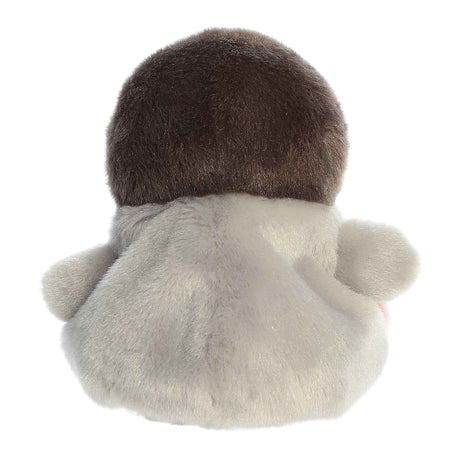 Soft plush Palm Pals Pigeon Crumbs toy with gray body and dark brown head shown from the back view