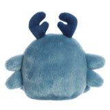 Soft blue plush beetle toy with dark blue antennae and multiple small legs on a white background