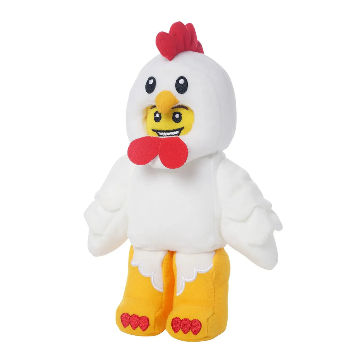 Soft plush toy resembling a white chicken costume with yellow legs and a smiling face inside