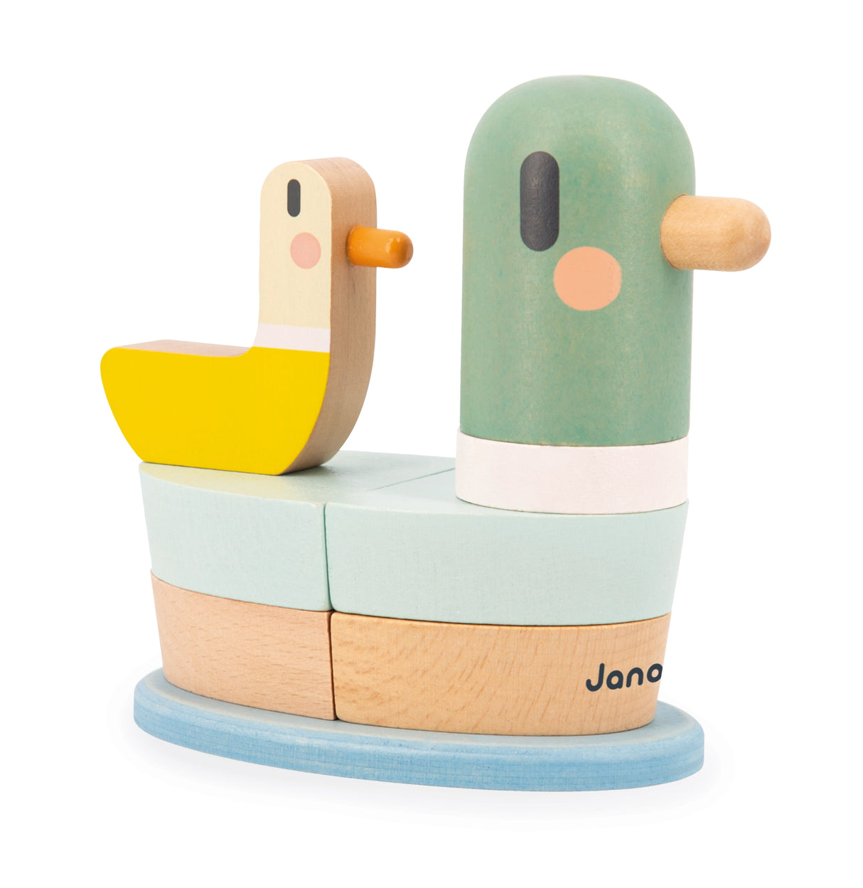Wooden stacking toy in duck and bird shapes with pastel yellow, green, and natural wood tones on blue base