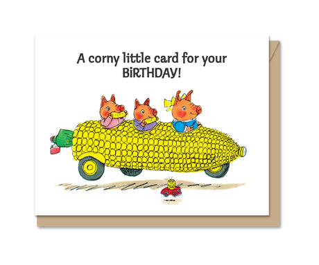 Illustration of three pigs riding a corn-shaped car with a small toy car below, birthday greeting on top