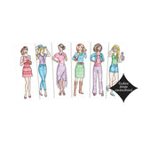 Six illustrated women wearing colorful casual and semi-formal outfits showcasing varied styles and accessories